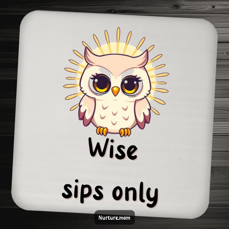 Funny coaster featuring a radiating owl mom with a bright, wise gaze, protecting surfaces with a humorous and wise aesthetic.