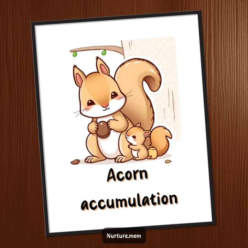 Funny kawaii mother squirrel busy with acorn storage, vibrant poster art.