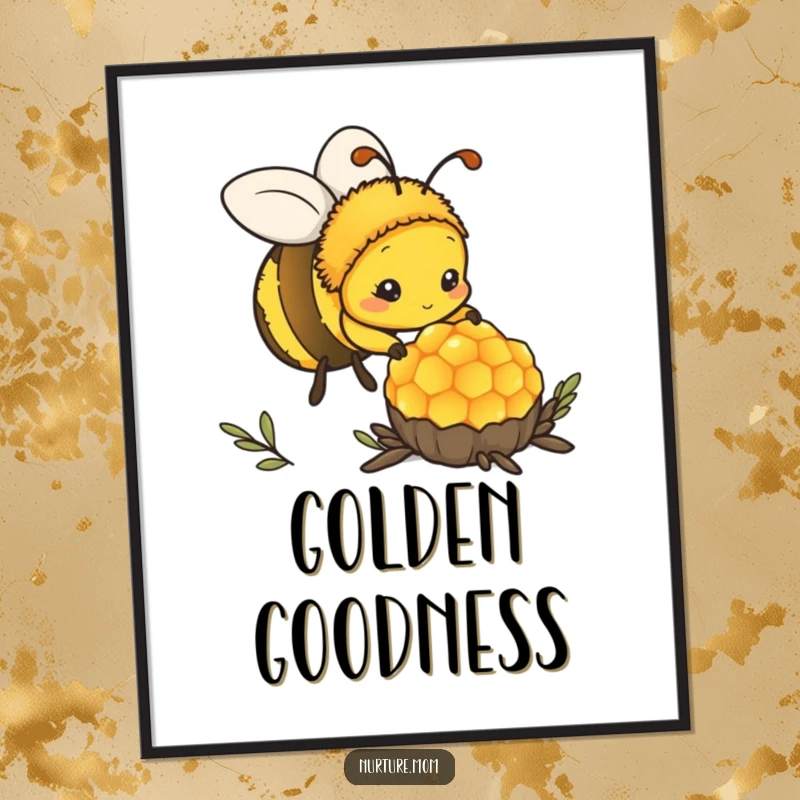 Funny kawaii mother bee diligently working on a honeycomb structure, creating an inspiring scene on a poster.