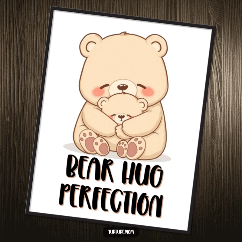 Funny bear poster showing a mother bear gently hugging her tiny cub, conveying love and warmth through art.