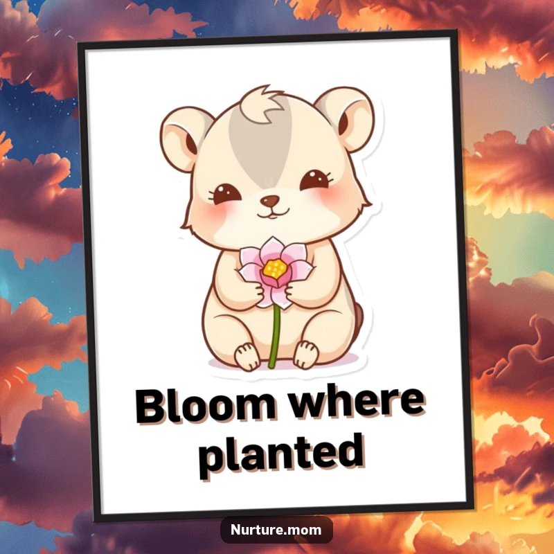 Funny poster art of a small animal gently cradling a delicate flower bud in a nurturing gesture, symbolizing growth.