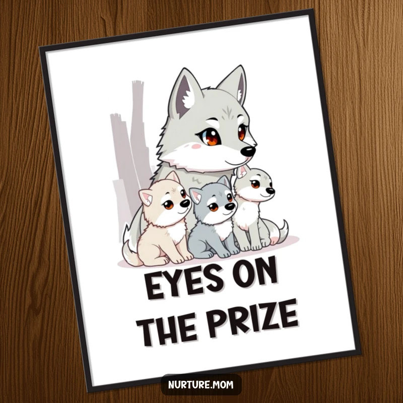 Funny wolf mom poster illustrating a vigilant mother wolf with her playful pups, showcasing maternal care.