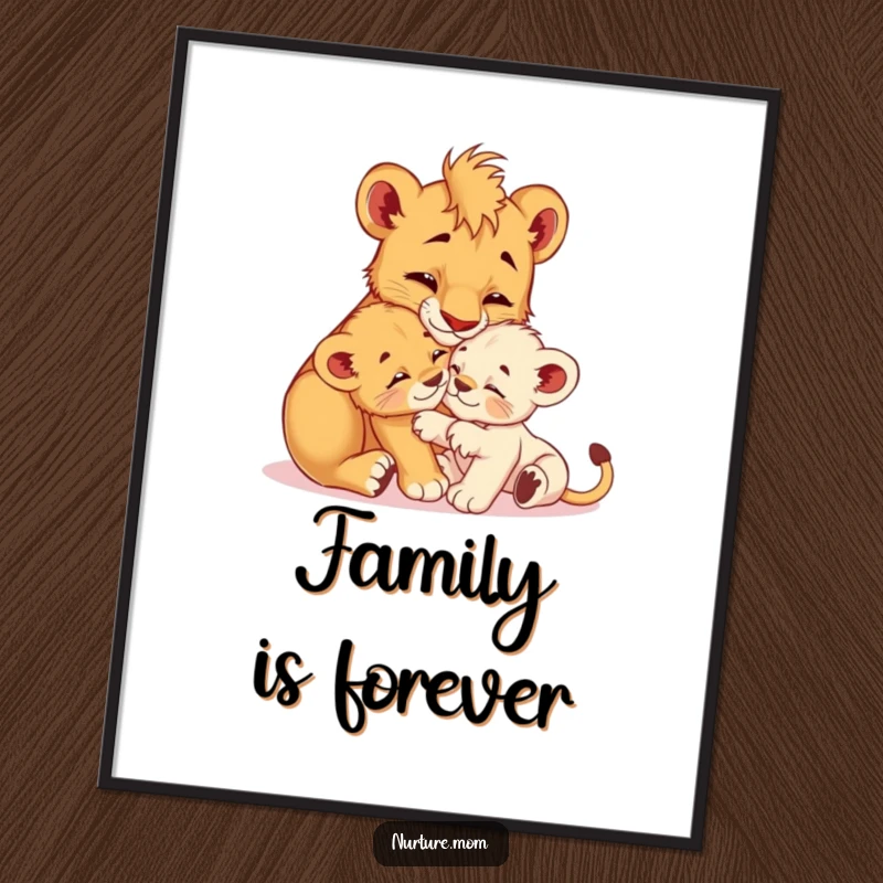 Funny! Poster art depicting a nurturing lioness cub grooming her playful youngster, evoking themes of love, nature, and gentle humor.