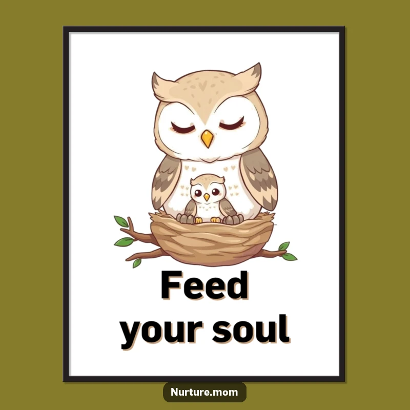 Funny Owl Nest Poster: Gentle Feeding Art, Nature Wall Decor