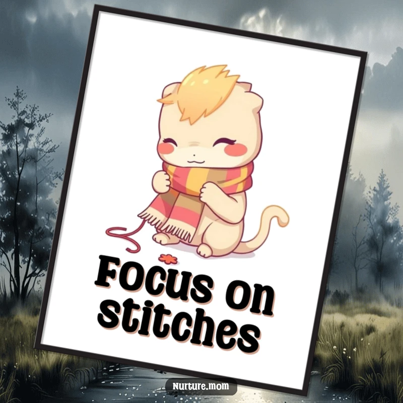 Funny poster featuring a creature concentrating on knitting a small, colorful scarf, adding a touch of cozy artistry.