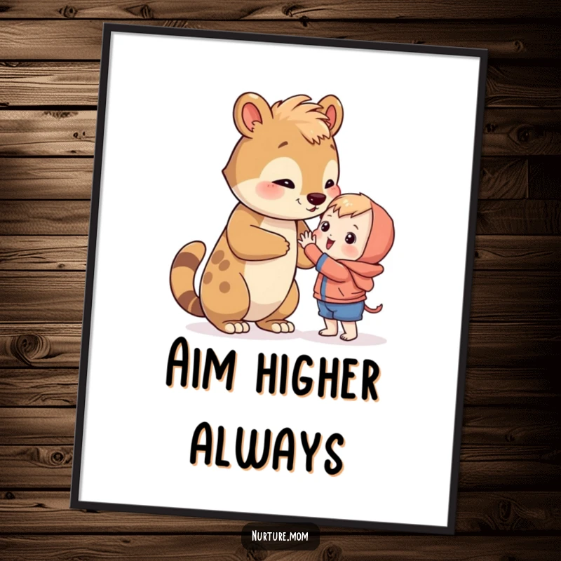 Funny animal teaching a small creature to reach for a goal, depicted as inspiring wall art.