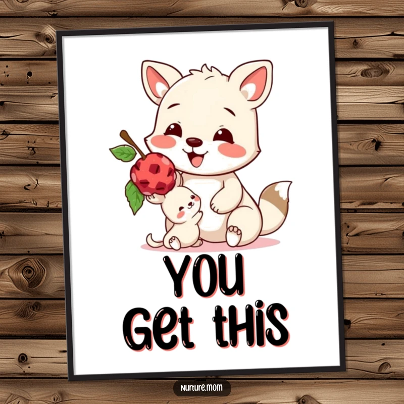 Funny poster showing a happy animal sharing a delicious berry with a smaller creature, emphasizing compassion and sweet connections.