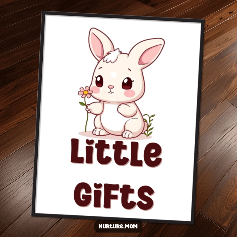 Funny bunny poster print showing a cute rabbit offering a tiny flower to a friend, perfect for charming and heartwarming wall decor.