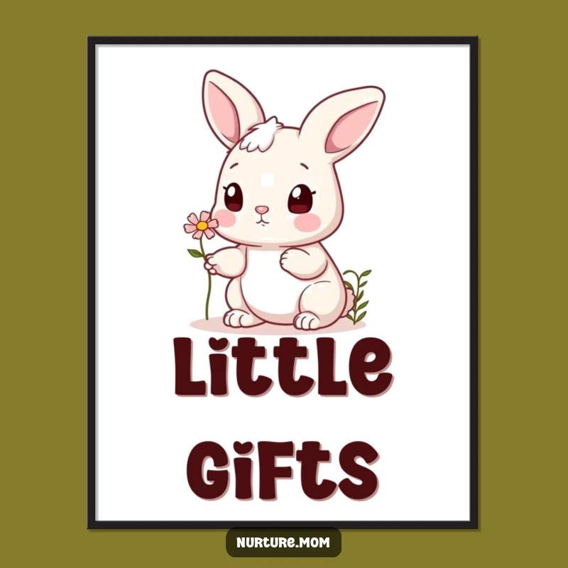 Funny Bunny Art Print: Cute Flower Offering Rabbit, Charming Wall Decor