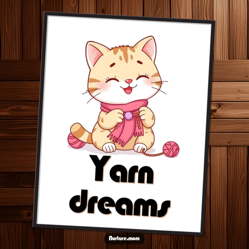 Funny cat knitting poster print of a smiling cat using yarn to make a tiny scarf, ideal for cozy and creative wall art.