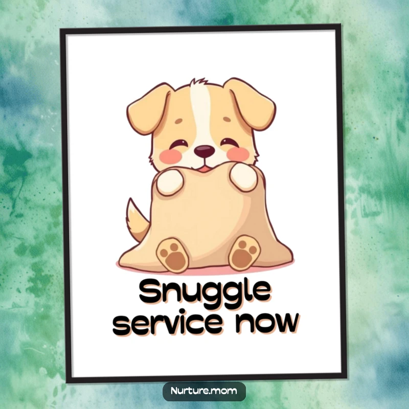 Funny poster featuring a playful dog character tenderly offering a warm blanket, a humorous artwork symbolizing comfort and pet companionship.