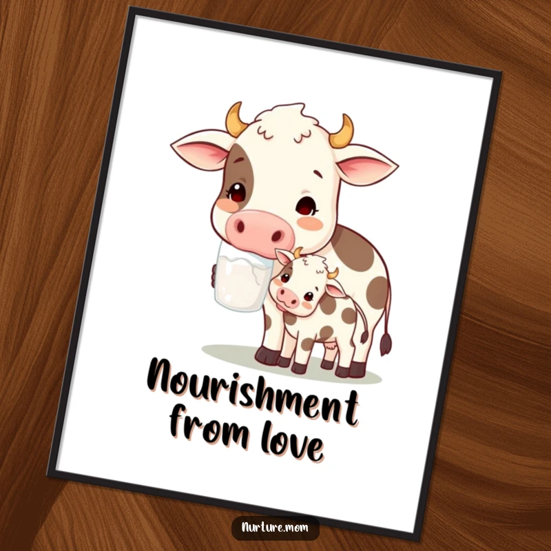 Funny! Poster art of a contented cow mom character offering milk to her calf, evoking feelings of abundance, care, and gentle farm humor.