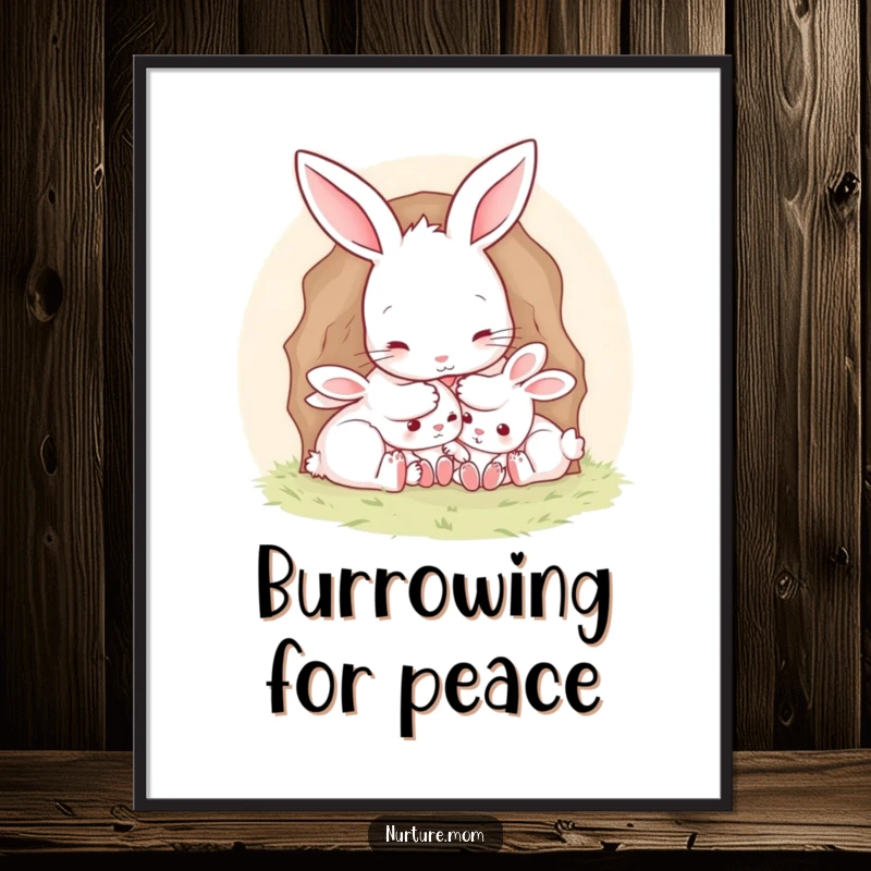 Funny Mother Rabbit Poster: Tender artwork of a mother rabbit tucking her young into a burrow, evoking warmth and safety.
