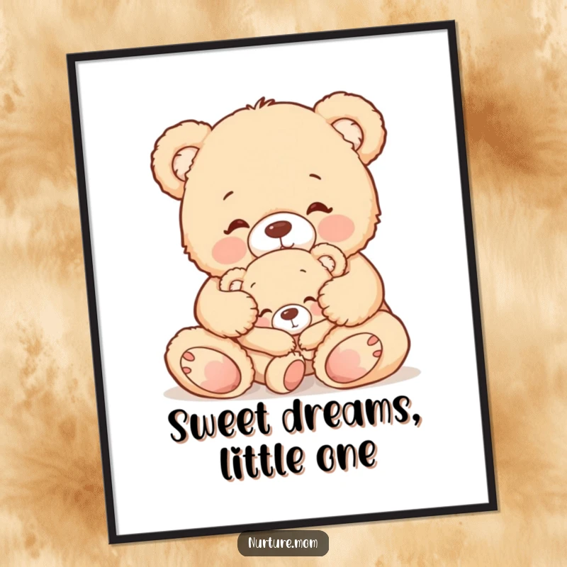 Funny poster featuring a cute teddy bear mom gently tucking in her sleepy baby bear, ideal for nursery decor and sweet sentiments.