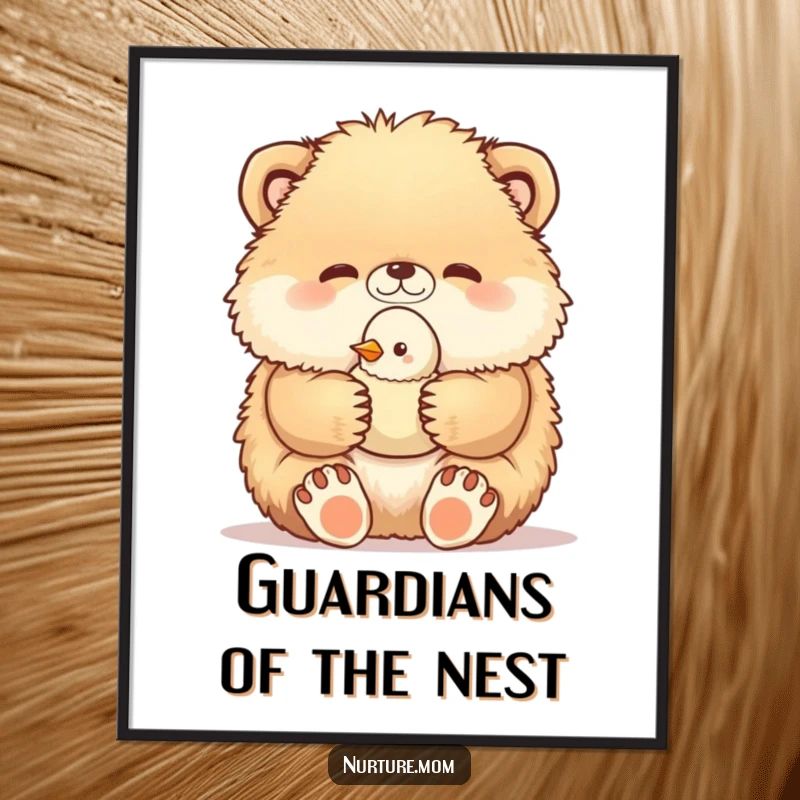 Funny poster print of a fluffy animal's paws delicately holding a helpless baby bird, evoking tenderness and cute, humorous warmth.