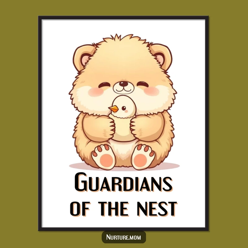 Funny Wall Art: Fluffy Animal and Baby Bird Gentle Embrace Poster