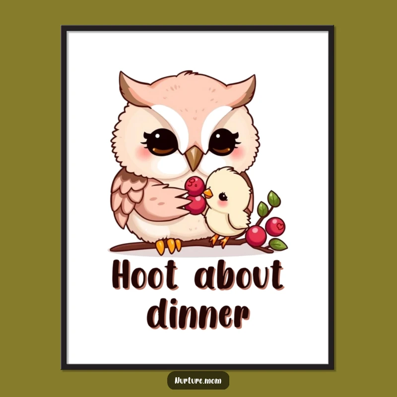 Funny Kawaii Owl Mom Poster: Tender Chick Feeding Art Decor
