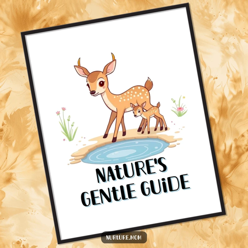 Funny kawaii mother deer guides her fawn to a water source, creating a heartwarming scene on a poster.