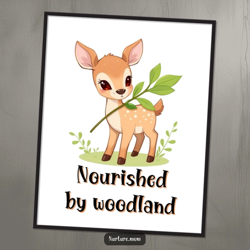 Funny Deer Poster showing a small deer offering a leafy branch, bringing calming nature imagery and humorous charm.