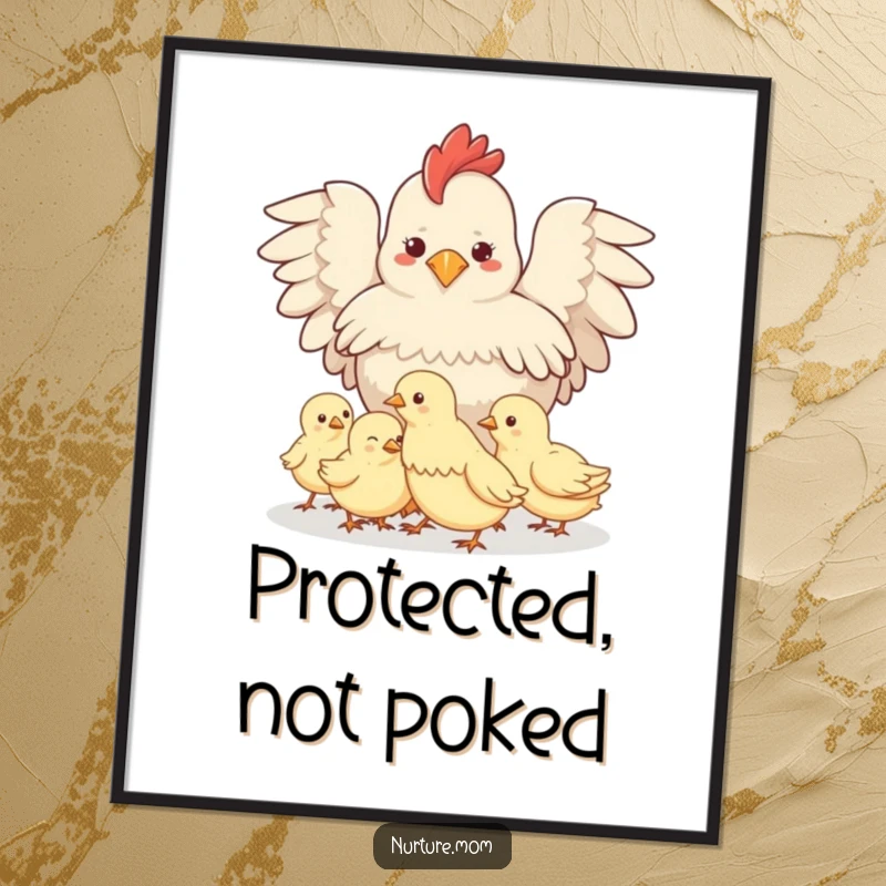 Funny Protective Hen Poster: Artwork of a hen shielding her chicks under her wings, symbolizing maternal protection and love.