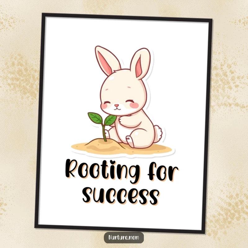 Funny poster featuring a small bunny character gently patting a tiny sprout, a humorous artwork showcasing growth and tender care.