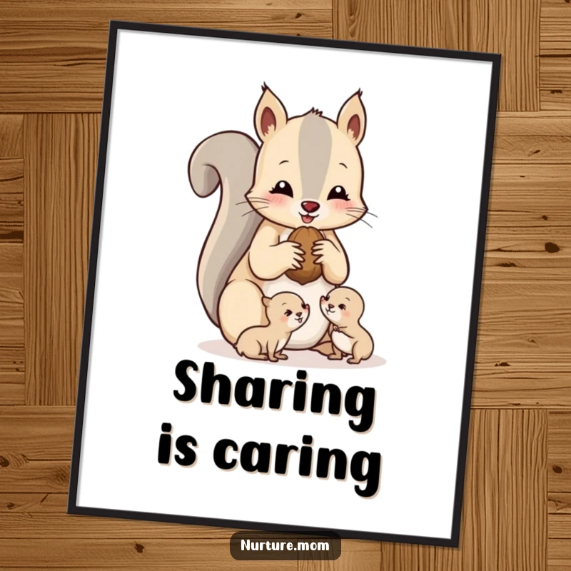 Funny squirrel mom poster illustrating a loving mother squirrel sharing nuts with her young.