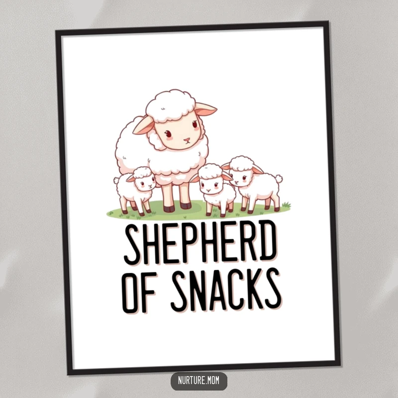 Funny gentle mother sheep watching grazing baby lambs, cute wall art, heartwarming pastoral poster gift.