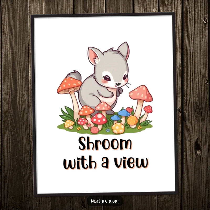 Funny poster art of a small animal in a playful crouch tending to vibrant mushrooms, symbolizing fun and magic.