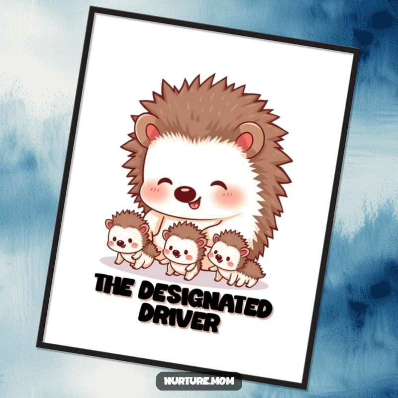 Funny hedgehog poster illustrating a mother hedgehog leading her tiny siblings, a cute and humorous piece of wall art for decoration.