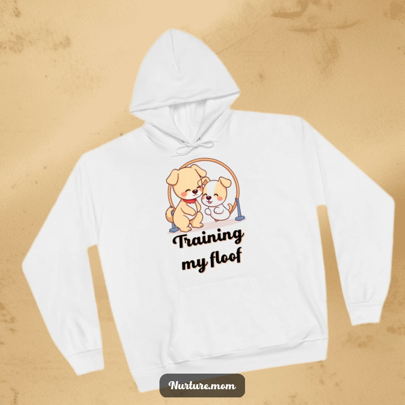 Funny and warm hoodie featuring a kawaii dog mom patiently guiding a puppy through a hoop, perfect for dog moms.