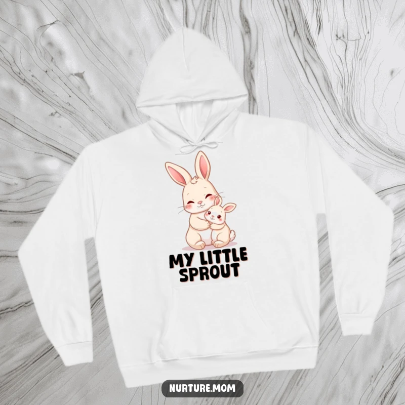 Funny Nurturing Rabbit Hoodie showing a mother rabbit holding a baby bunny close, perfect for cozy affection and humorous warmth.