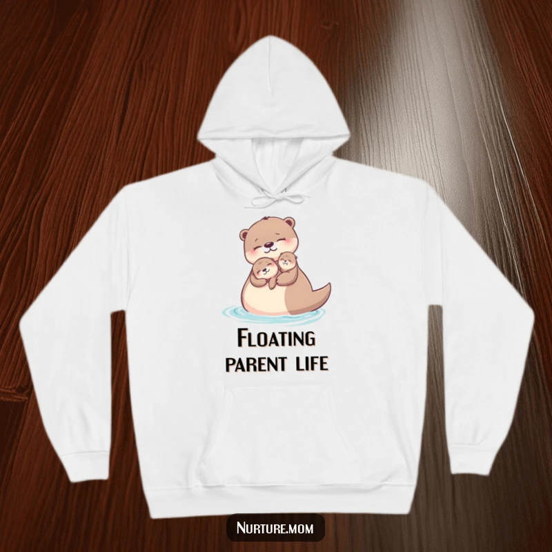 Funny otter mom hoodie depicting a sweet otter mother and her pup relaxing while floating.