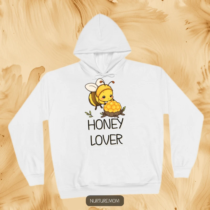 Funny kawaii mother bee tending to honeycomb with dedication, featured on a cozy hoodie.