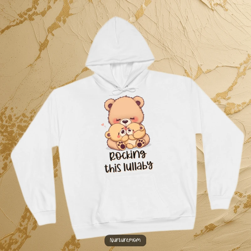 Funny fuzzy bear mother rocking a crying baby bear to sleep, cozy hoodie, warm and comforting maternal gift.