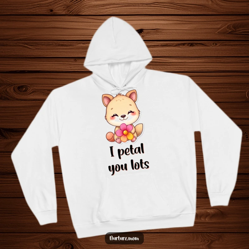 Funny animal hoodie with a loving expression, offering a colorful flower, highlighting a humorous and heartwarming design for ultimate comfort.