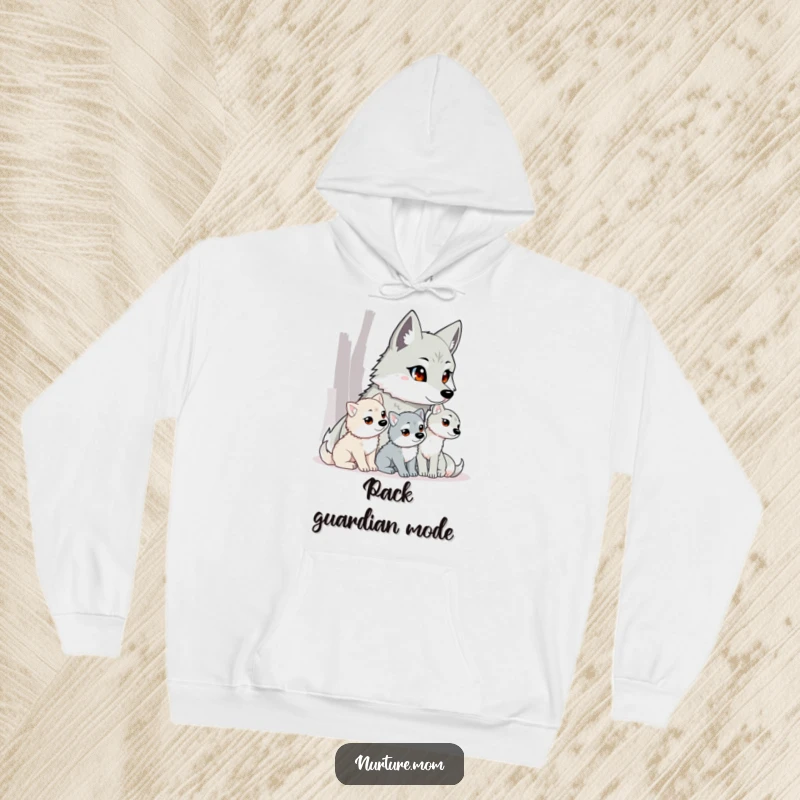Funny wolf mom hoodie depicting a watchful mother wolf safeguarding her litter of adorable pups.