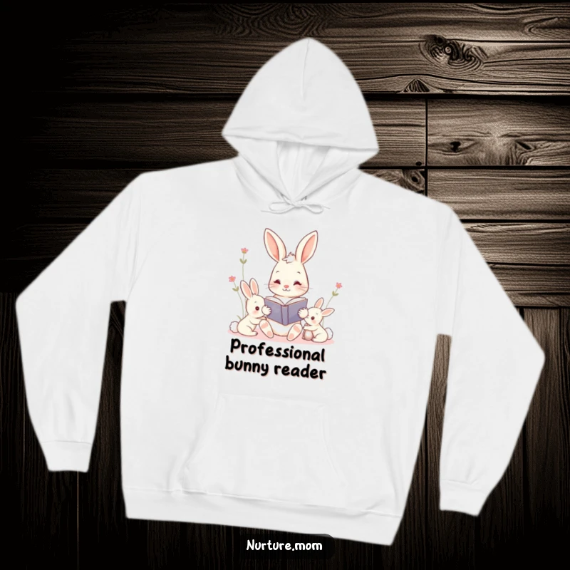 Funny kawaii mama bunny reading to her kits hoodie, evoking warmth and the joy of bedtime stories, a cozy gift.