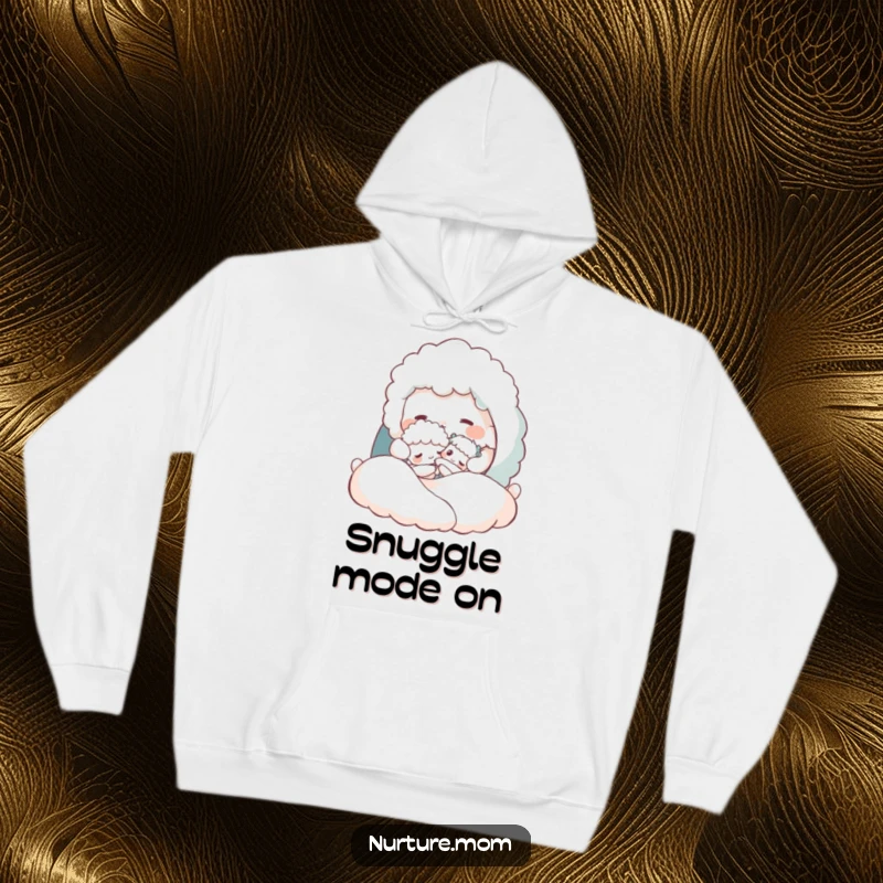 Funny hoodie depicting a fluffy creature tucking a tiny one into a cozy bed, exuding nurturing warmth and comfort.