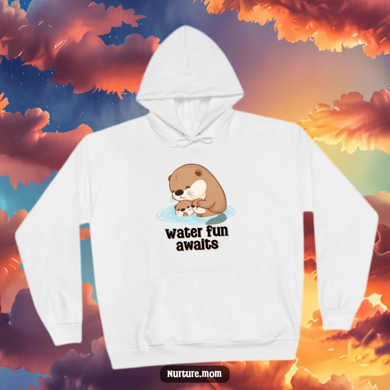 Funny kawaii mother otter teaching her pup to swim, featured on a cozy hoodie.