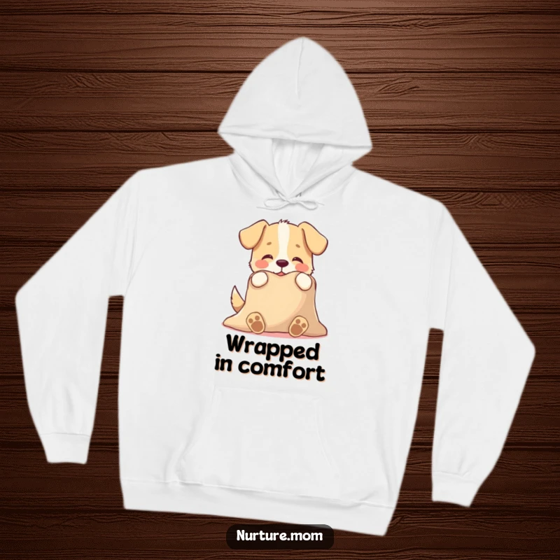 Funny hoodie with a playful dog character tenderly offering a warm blanket, embodying a humorous and snuggly scene of pet love.