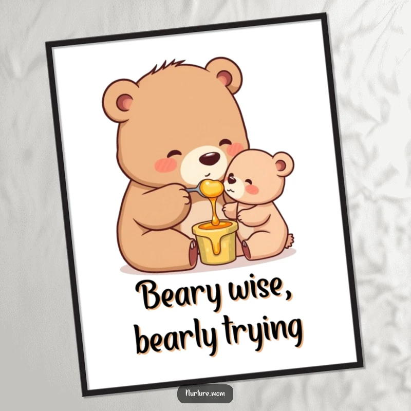 Funny Free Printable Wall Art: Humorous mama bear gently feeding raw honey to her curious cub.