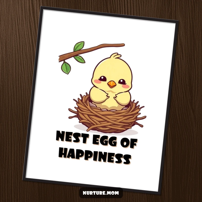 Funny Free Printable Wall Art: A kawaii mother bird carefully builds a cozy nest, creating heartwarming, humorous decor.