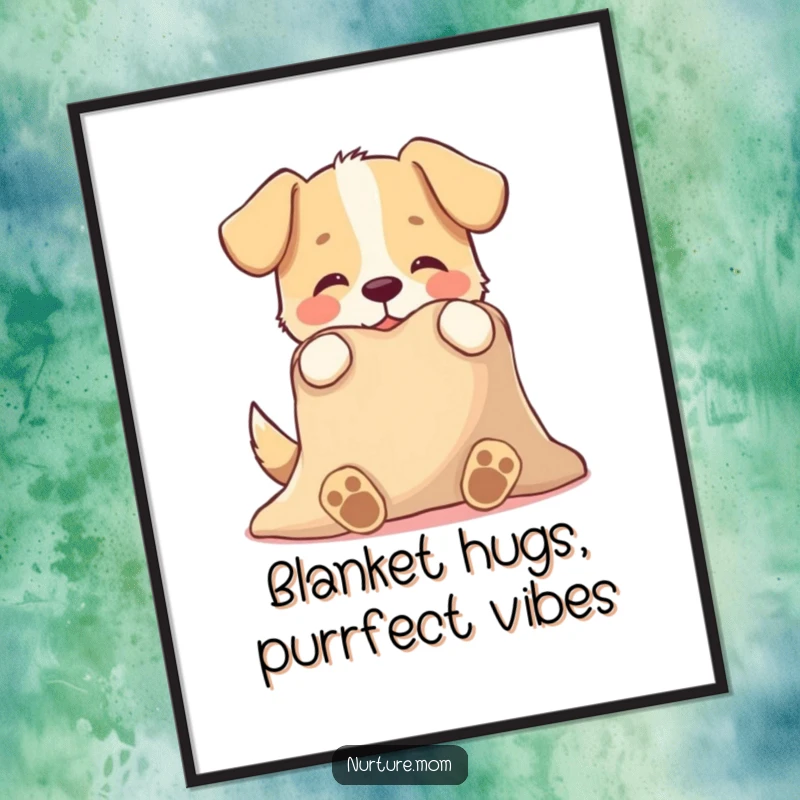 Funny Free Printable Wall Art: A playful dog tenderly offers a warm blanket, radiating coziness and happiness, perfect DIY wall art.