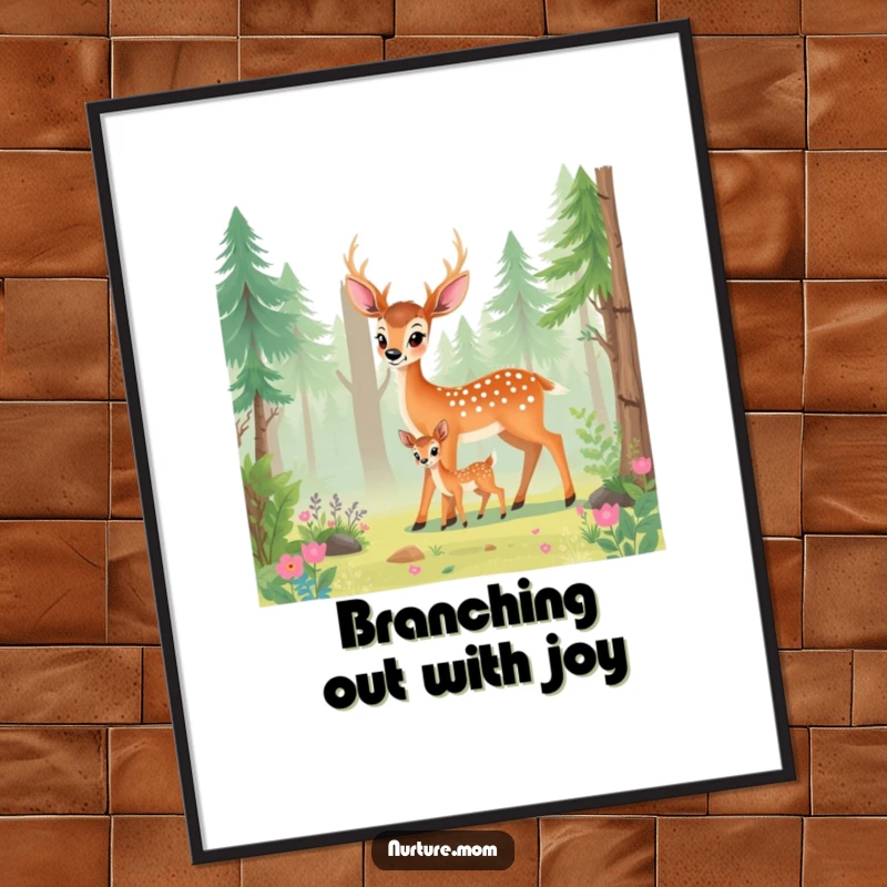 Funny Free Printable Wall Art: Deer mom guiding fawn through lush forest, peaceful nature scene, serene, downloadable wall decor