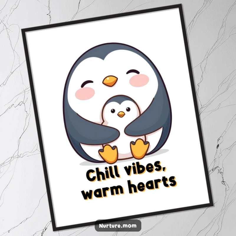 Cute Free Printable Wall Art: Mother penguin keeps her baby chick warm and safe, evoking love.