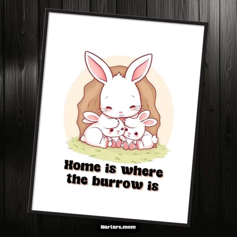 Cute Free Printable Wall Art: Mother rabbit creating a safe, warm, and peaceful burrow for her young.