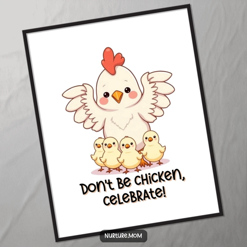 Funny Free Printable Wall Art: Kawaii chicken mom protecting chicks under outstretched wings, heartwarming motherly decor.