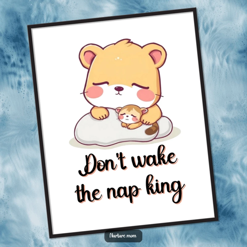 Funny Free Printable Wall Art of a large animal gazing protectively at a tiny creature in deep sleep, a heartwarming and humorous scene.