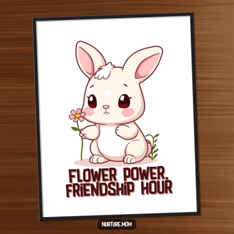 Funny free printable wall art of a cute bunny offering a tiny flower to a happy friend.