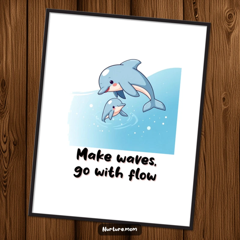 Free Printable Wall Art: A playful dolphin mom guides her calf through shimmering, sparkling ocean water, capturing a peaceful moment.